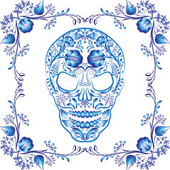 Blue patterned skull with flowers in a frame.