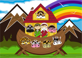Cartoon Noah's Ark and Animals Bible Illustration - 143151347