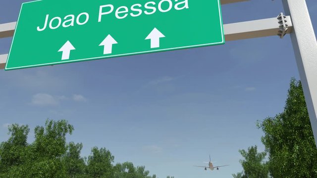 Airplane arriving to Joao Pessoa airport. Travelling to Brazil conceptual 4K animation