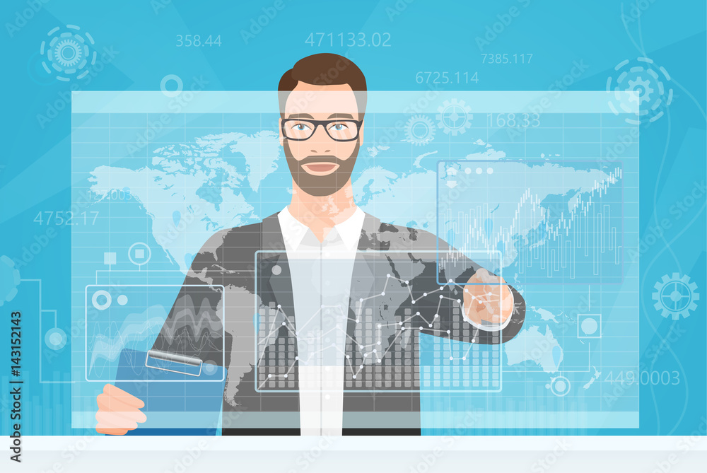 Poster Bearded man touching the computer screen while browsing diagrams and the world map vector illustration.