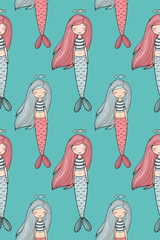 Pattern with cute little mermaid. Siren. Sea theme.