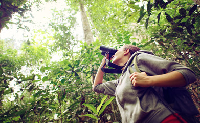 Tourist looking through binoculars exploring the wild birds in the jungle