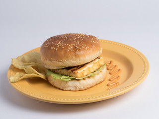 BBQ Paneer burger served in a plate on white background