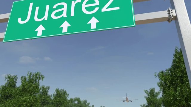 Airplane arriving to Juarez airport. Travelling to Mexico conceptual 4K animation