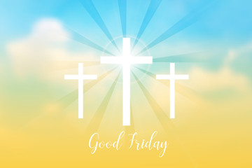 Good Friday. Background with white cross and sun rays in the sky. Vector illustration.