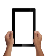 Man hands holding generic tablet.Tablet mockup. Portrait mode. Clipping path