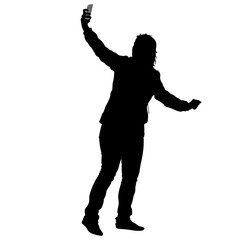Silhouettes woman taking selfie with smartphone on white background. Vector illustration