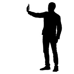 Silhouettes man taking selfie with smartphone on white background. Vector illustration