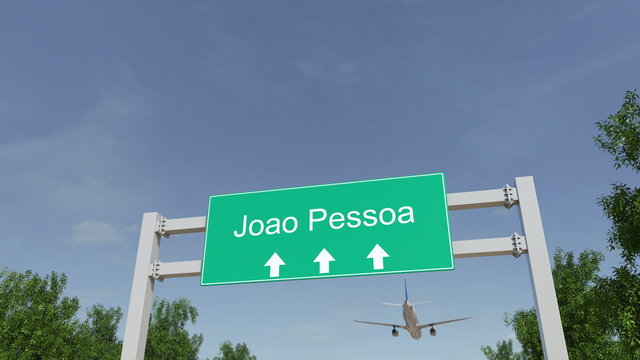 Airplane arriving to Joao Pessoa airport. Travelling to Brazil conceptual 3D rendering