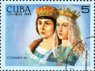 UKRAINE - CIRCA 2017: A postage stamp printed in Cuba shows The Catholic kings, from the series International Philately Exhibition of Iberoamerica Havana Espamer 85, circa 1984