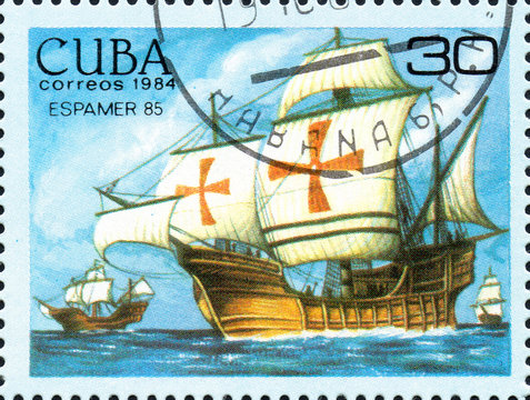 UKRAINE - CIRCA 2017: A postage stamp printed in Cuba shows Columbus fleet, from the series International Philately Exhibition of Iberoamerica Havana Espamer 85, circa 1984