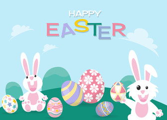 Colorful Happy Easter greeting card with rabbit, bunny and eggs