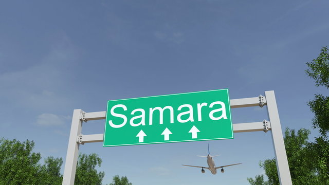 Airplane arriving to Samara airport. Travelling to Russia conceptual 3D rendering