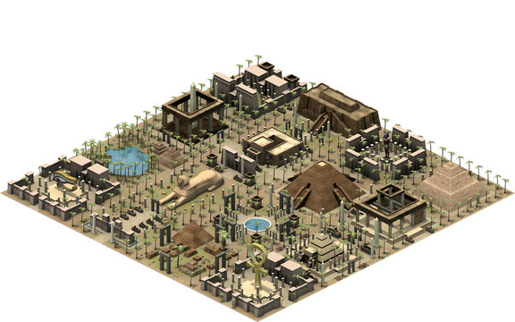 Isometric buildings of ancient Egypt, platform with old architecture. 3D rendering