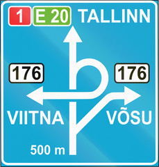 Estonian informatory road sign with directions and destinations