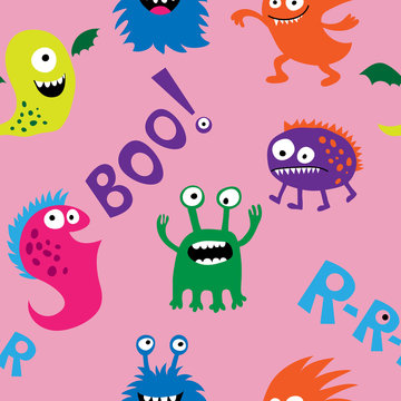 Stylish seamless pattern with monsters and inscriptions