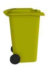 Beside view of yellow garbage wheelie bin with a closed lid on a white background, 3D rendering