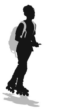Teen skater with bacpack and mobile. Vector silhouette