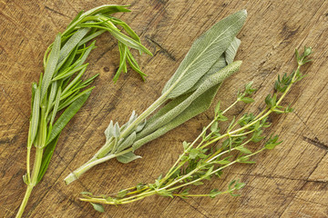 Various fresh herbs: salvia, sage, rosemary, oregano, thyme from the garden over wooden background. Overhead, top view.