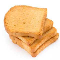 Slices of toast bread on wooden table, top view.