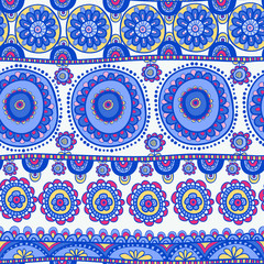 Ethnic seamless pattern. Indian blue ornament. Kaleidoscopic floral pattern. African abstract.
