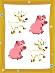 cartoon page with farm characters different animals game with shapes
