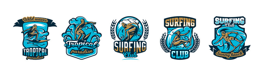 A collection of logos, surfing emblems. People are drifting on the board on the waves, extreme sports.