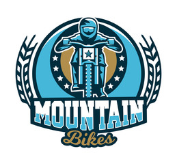 Logo, emblem of the rider riding a mountain bike. Downhill, freeride, extreme sport. Vector illustration.