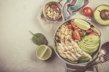 Fresh healthy salad in bowl and ingredients