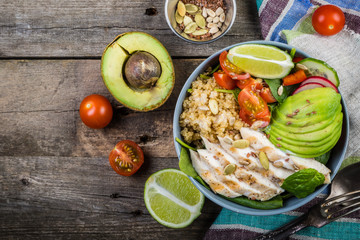 Fresh healthy salad in bowl and ingredients