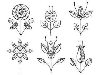 Set of vector hand drawn decorative stylized black and white childish flowers. Doodle style, graphic illustration. Ornamental cute line drawing. Series of doodle, cartoon, sketch illustrations.