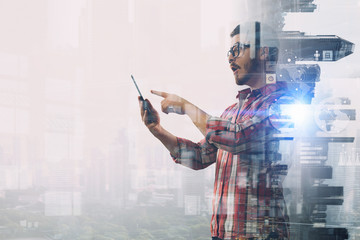 Hipster guy use smartphone . Mixed media