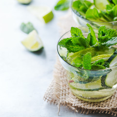 Cucumber lime mint fresh infused water detox drink cocktail lemonade