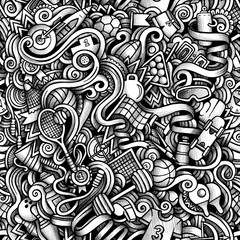 Graphic Sport hand drawn artistic doodles seamless pattern. Mono