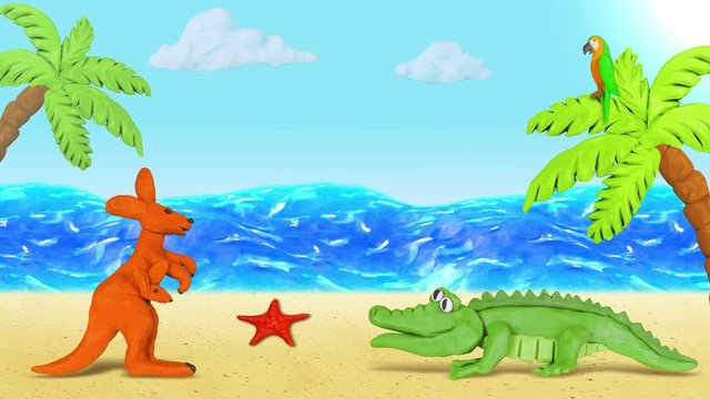 Beach Sand with Animals. Plasticine Crocodile, Kangaroo, Parrot, Starfish. Background for summer design. Clay animation. 4K