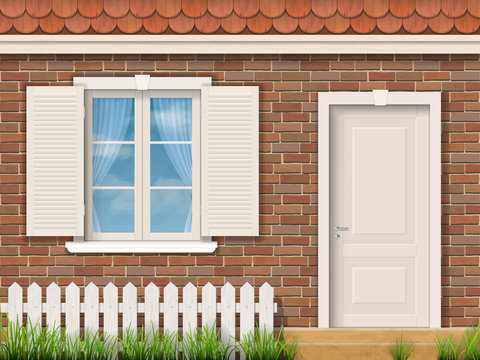 Brick Facade Of The Old Building With A White Window And A Door. Red Tile Roof. Front Garden Near Entrance Of The House. Vector Detailed Illustration.