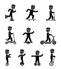 Set of pictograms representing children riding all sorts of modern vehicles. Various types of classic and electric roller skates, scooters and hover board.