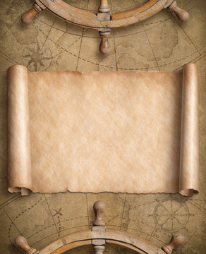 Fototapeta old blank nautical map with steering wheels