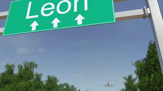 Airplane arriving to Leon airport. Travelling to Mexico conceptual 4K animation