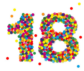 Konfetti Zahlen, Zahl 18, bunt, papier, vektor 