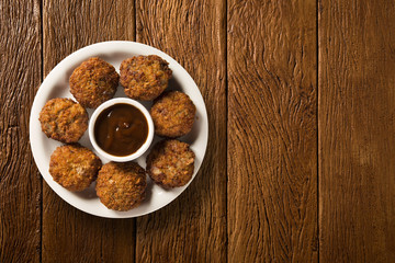 Rice ball fried on wood background