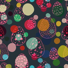 Seamless pattern with hand drawn ornamental eggs and colorful scattered confetti.