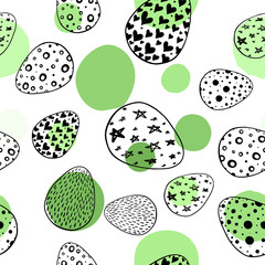 Seamless pattern with hand drawn ornamental eggs and colorful scattered confetti.
