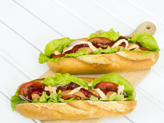 hot dog on a wooden table