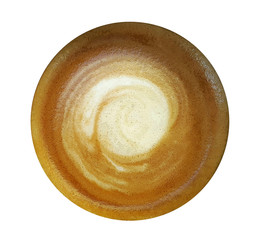 Top view of hot coffee latte art cup isolated on white background.
