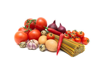 Eggs, vegetables and pasta on a white background.