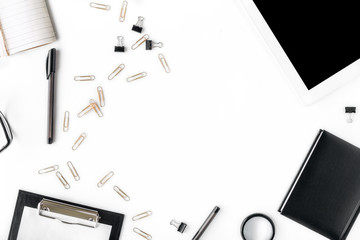 Frame of tablet, clipboard, office accessories and notebook