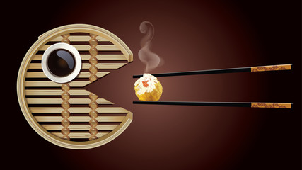 Vecter of Bamboo Steamer is eating dim sum (Steamed shrimp dumplings) with chopsticks and sauce on brown background.