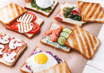 Six sandwiches with different ingredients