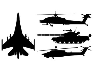 Fighter aircraft, tank, helicopter silhouette. Military equipment set icon. Vector illustration
